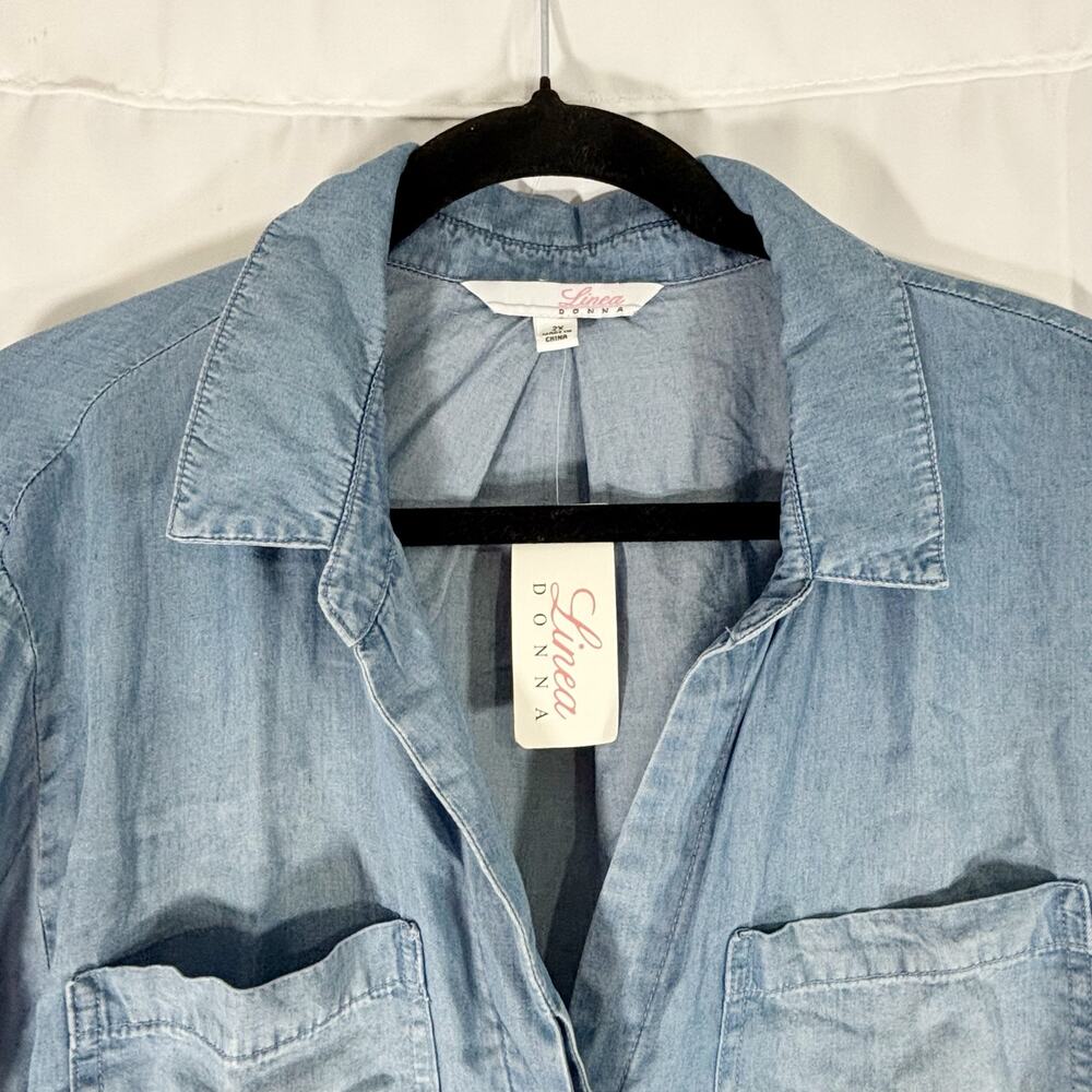 Linea Donna Women’s Blue Chambray Button-Down Shirt 2X, Raw Hem, 2 Front Pockets - Picture 4 of 7